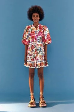 FARM RIO WHITE SPRING BANANAS BELTED MINI DRESS Most Loved