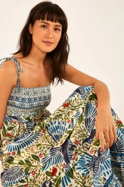 FARM RIO Most Loved Off White Macaw Flight Smocked Maxi Dress