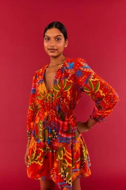FARM RIO Most Loved RED MAGIC FOREST V NECK MINI DRESS