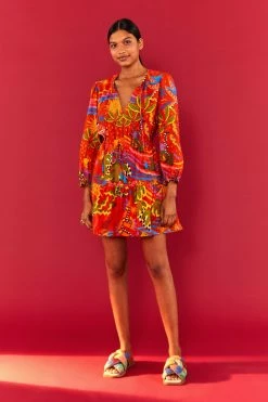FARM RIO Most Loved RED MAGIC FOREST V NECK MINI DRESS