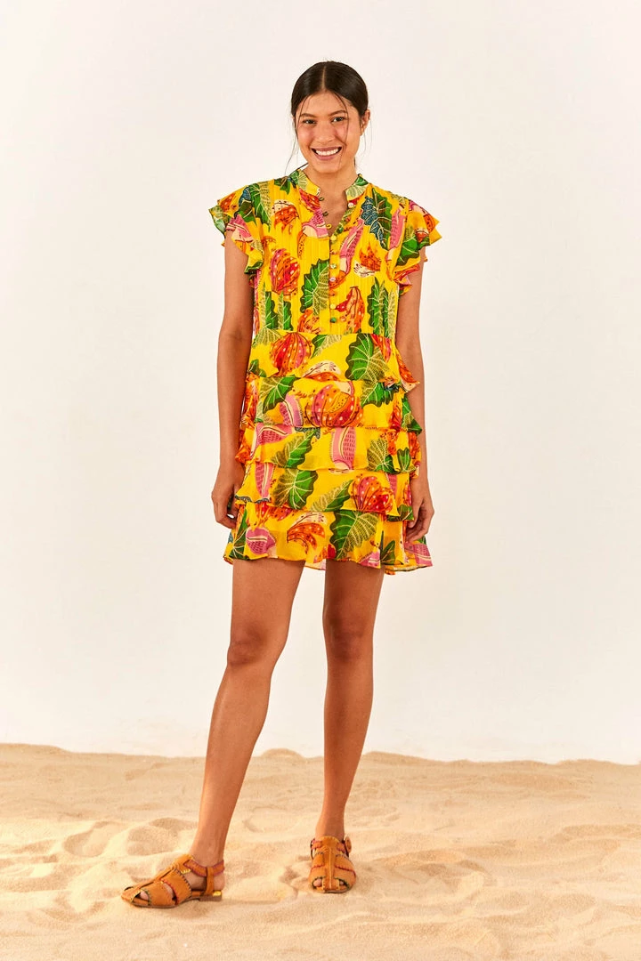 FARM RIO Yellow Beaks & Bananas Layered Mini Dress