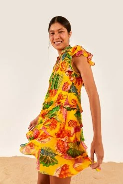 FARM RIO Yellow Beaks & Bananas Layered Mini Dress