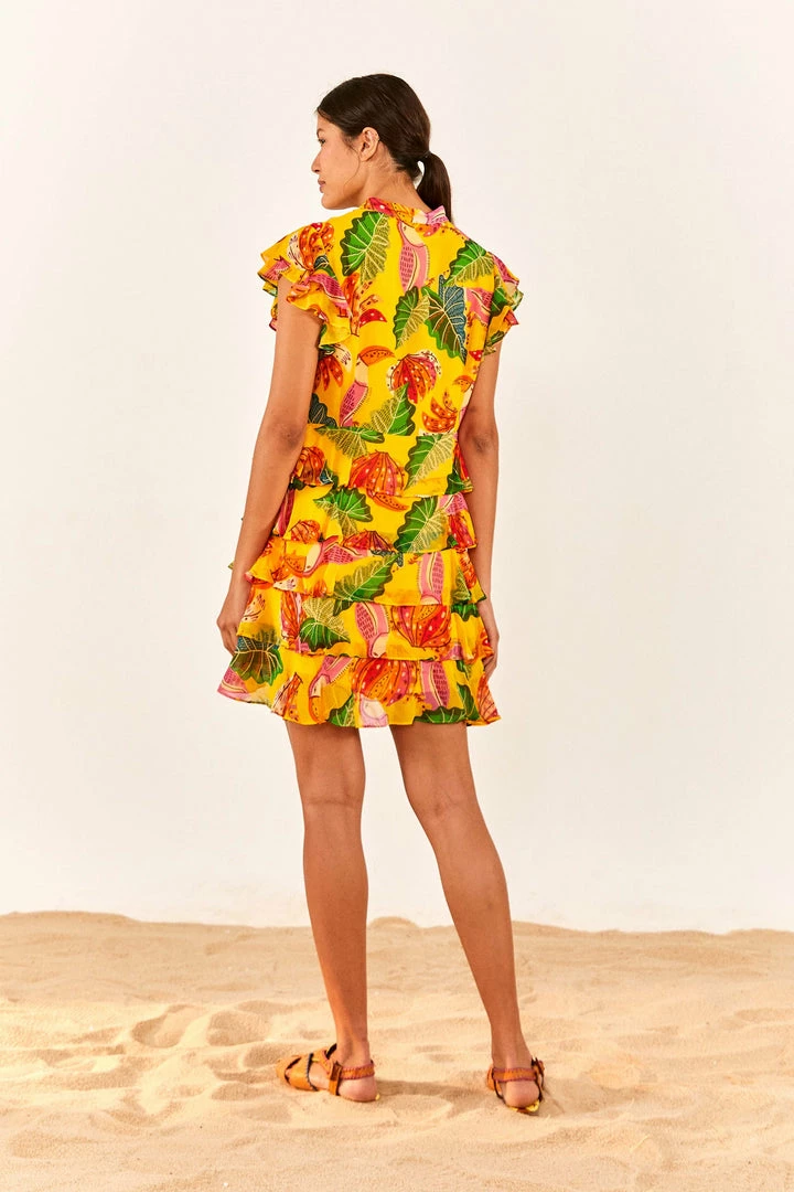 FARM RIO Yellow Beaks & Bananas Layered Mini Dress