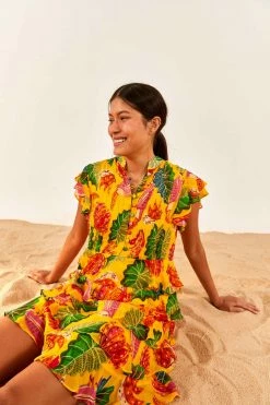 FARM RIO Yellow Beaks & Bananas Layered Mini Dress