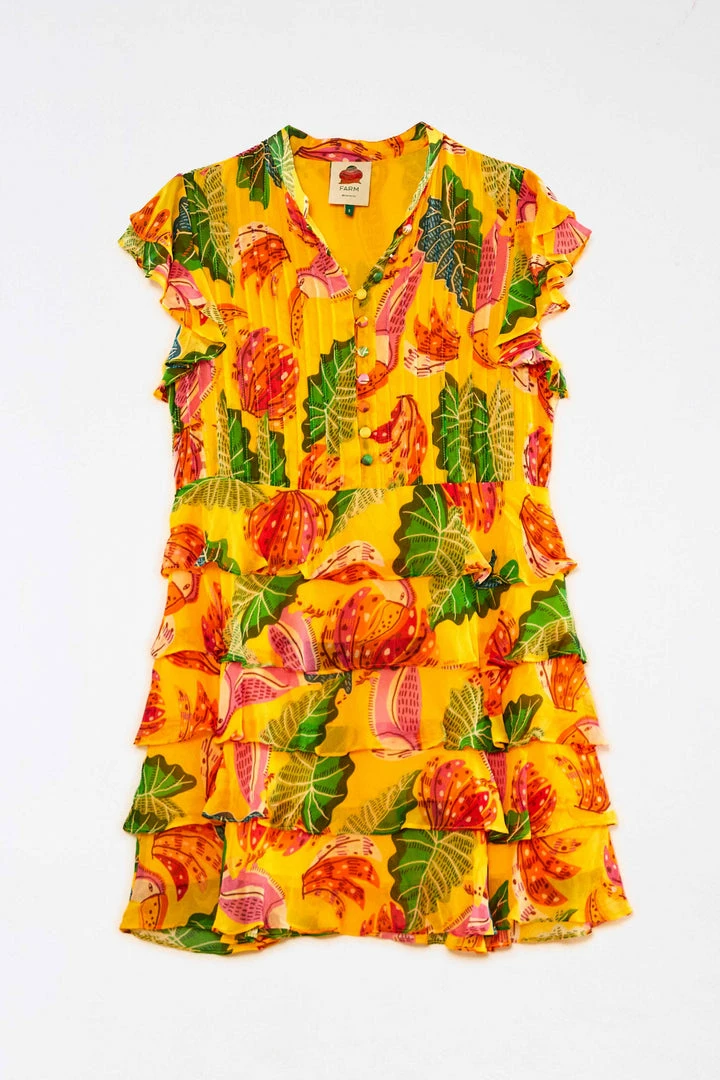 FARM RIO Yellow Beaks & Bananas Layered Mini Dress