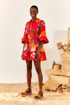 FARM RIO Red Mixed Fruits Ocean Mini Dress