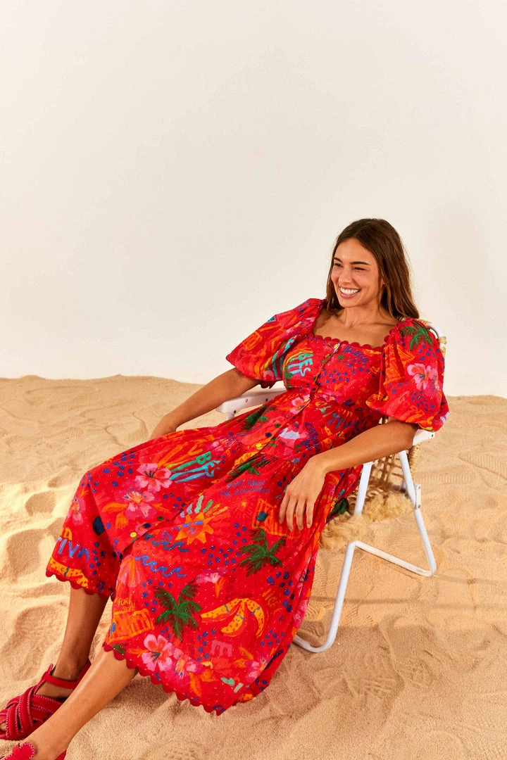 FARM RIO New In Red Good Vibes Puff Sleeve Midi Dress