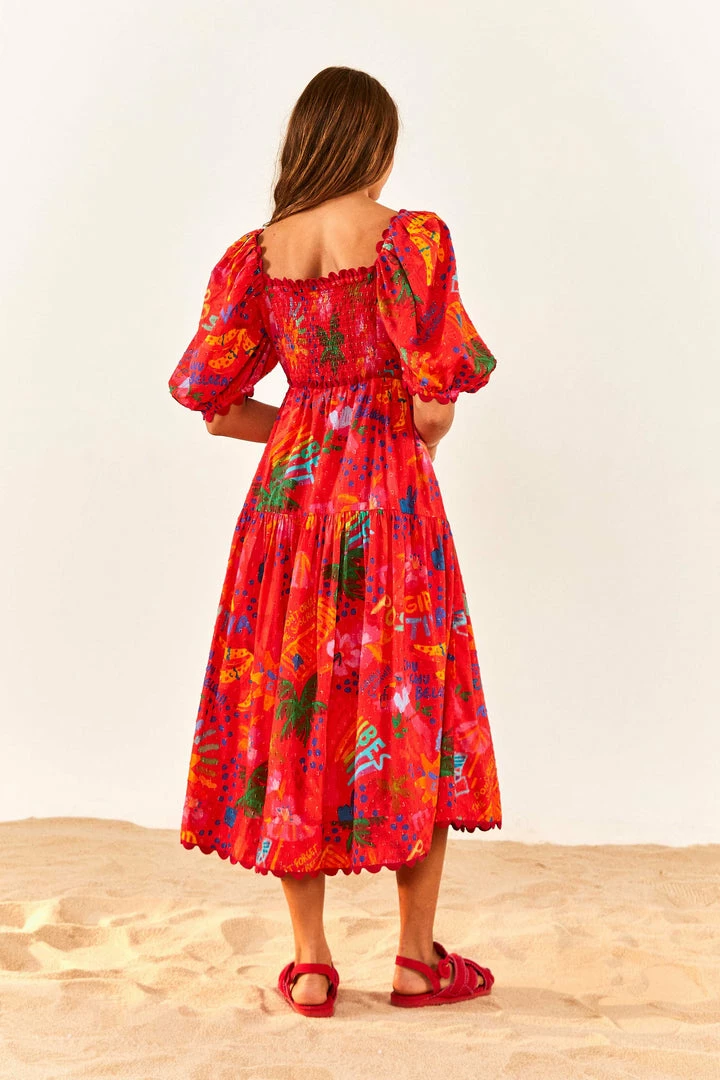 FARM RIO New In Red Good Vibes Puff Sleeve Midi Dress