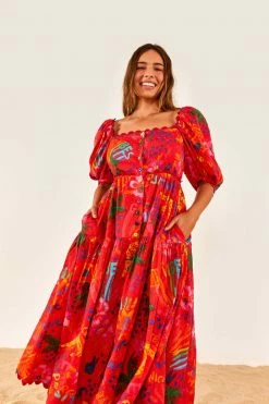 FARM RIO New In Red Good Vibes Puff Sleeve Midi Dress
