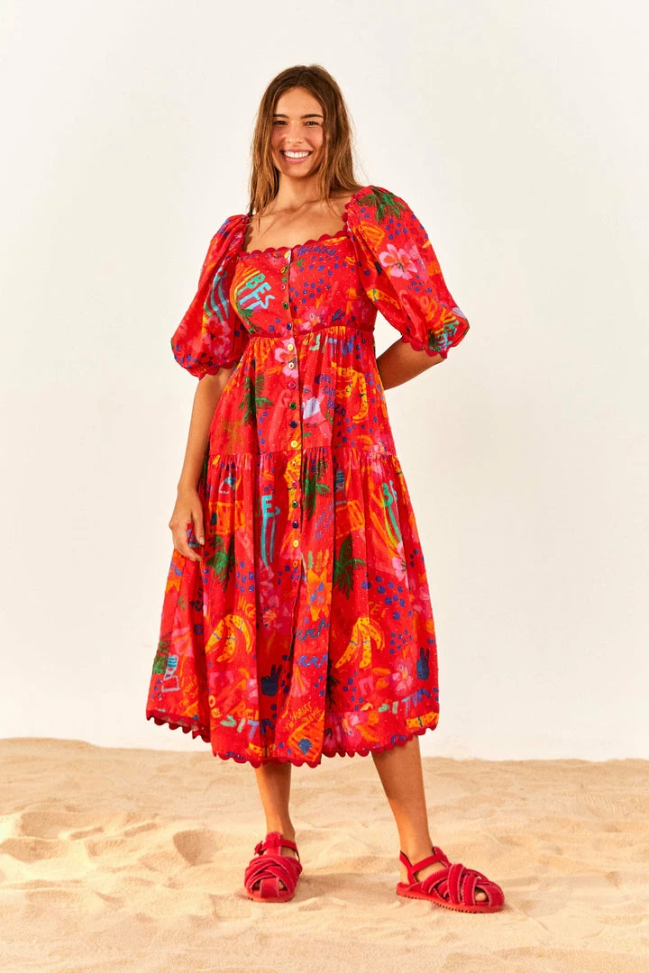 FARM RIO New In Red Good Vibes Puff Sleeve Midi Dress
