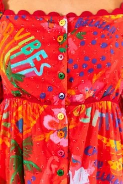 FARM RIO New In Red Good Vibes Puff Sleeve Midi Dress