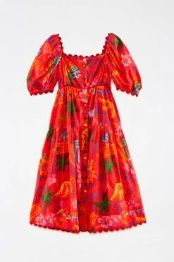 FARM RIO New In Red Good Vibes Puff Sleeve Midi Dress