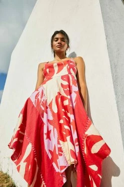 FARM RIO Mixed Red Monstera Asymmetrical Midi Dress