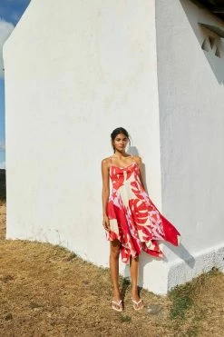 FARM RIO Mixed Red Monstera Asymmetrical Midi Dress