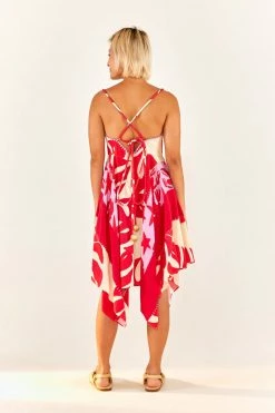 FARM RIO Mixed Red Monstera Asymmetrical Midi Dress