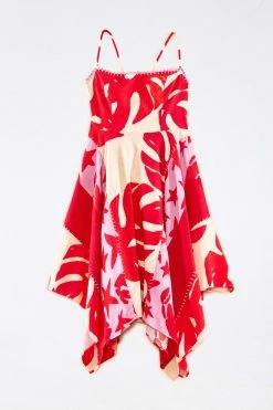 FARM RIO Mixed Red Monstera Asymmetrical Midi Dress