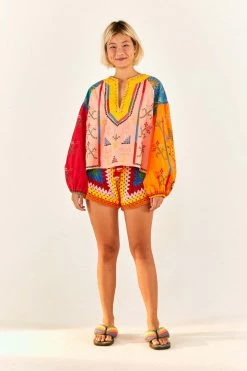 FARM RIO New In Color Block Embroidered Blouse