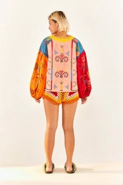 FARM RIO New In Color Block Embroidered Blouse