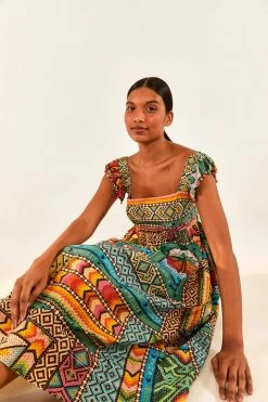 FARM RIO Banana Scarves Square Neck Maxi Dress New In