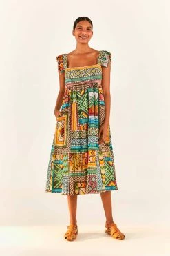 FARM RIO Banana Scarves Square Neck Maxi Dress New In