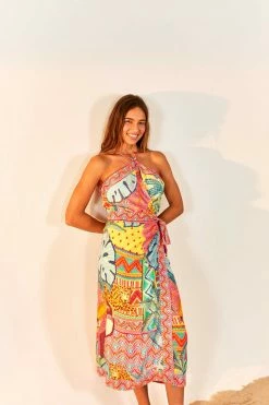 FARM RIO Summer Tapestry Halter Neck Midi Dress