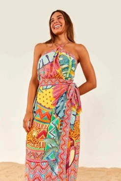 FARM RIO Summer Tapestry Halter Neck Midi Dress
