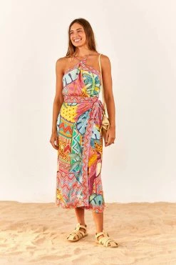 FARM RIO Summer Tapestry Halter Neck Midi Dress
