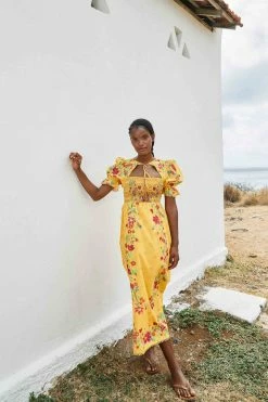 FARM RIO Yellow Flower Dream Puff Sleeve Maxi Dress