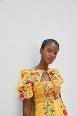 FARM RIO Yellow Flower Dream Puff Sleeve Maxi Dress