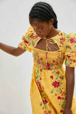 FARM RIO Yellow Flower Dream Puff Sleeve Maxi Dress