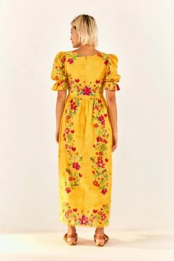 FARM RIO Yellow Flower Dream Puff Sleeve Maxi Dress