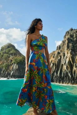FARM RIO Blue Sunny Day One-Shoulder Maxi Dress
