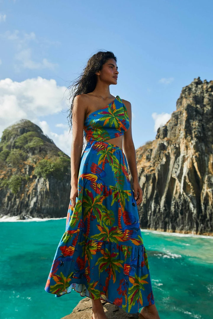 FARM RIO Blue Sunny Day One-Shoulder Maxi Dress