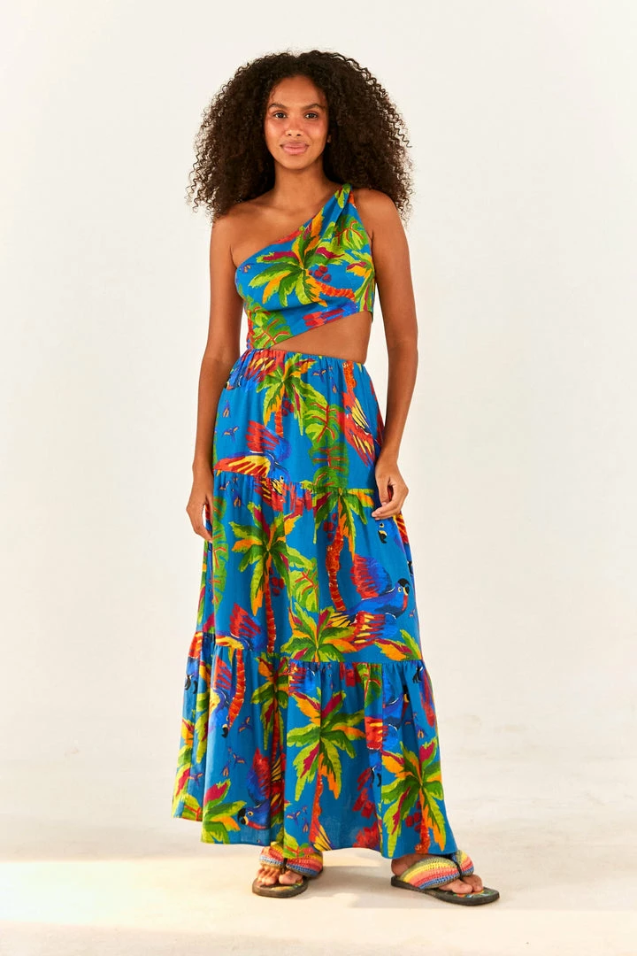 FARM RIO Blue Sunny Day One-Shoulder Maxi Dress