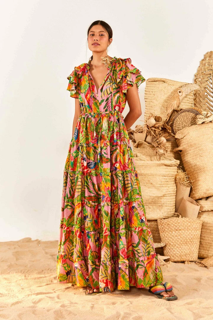 FARM RIO Macaw Leaves Flutter Sleeve Maxi Dress New In