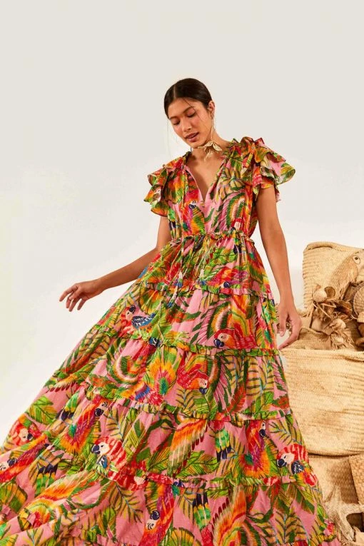 FARM RIO Macaw Leaves Flutter Sleeve Maxi Dress New In