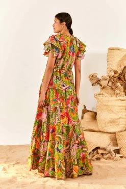 FARM RIO Macaw Leaves Flutter Sleeve Maxi Dress New In