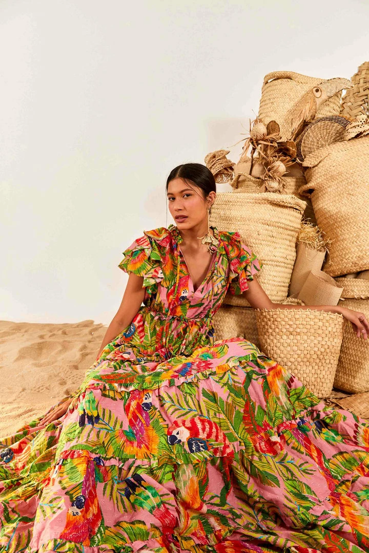 FARM RIO Macaw Leaves Flutter Sleeve Maxi Dress New In