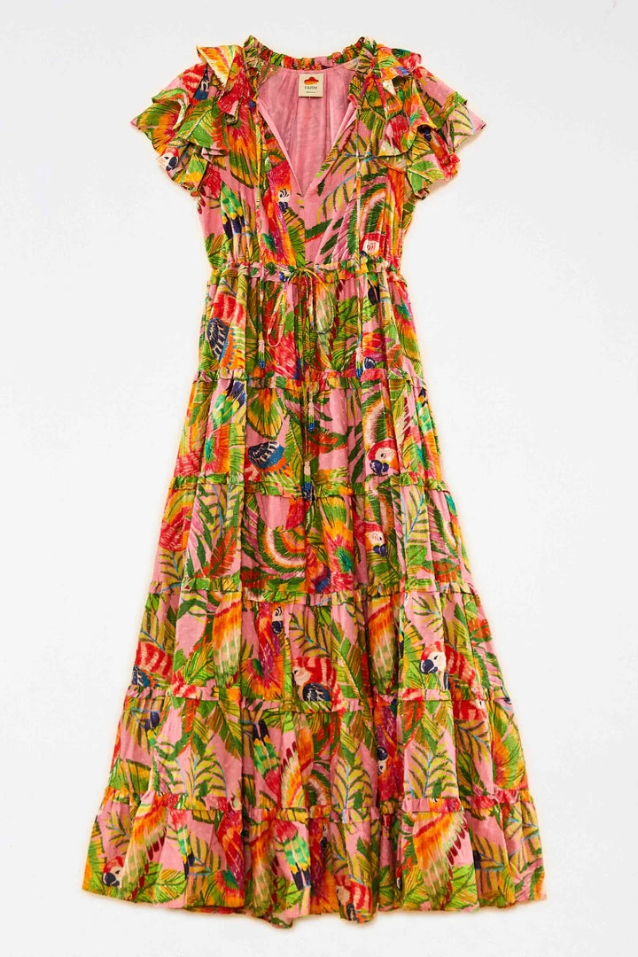 FARM RIO Macaw Leaves Flutter Sleeve Maxi Dress New In
