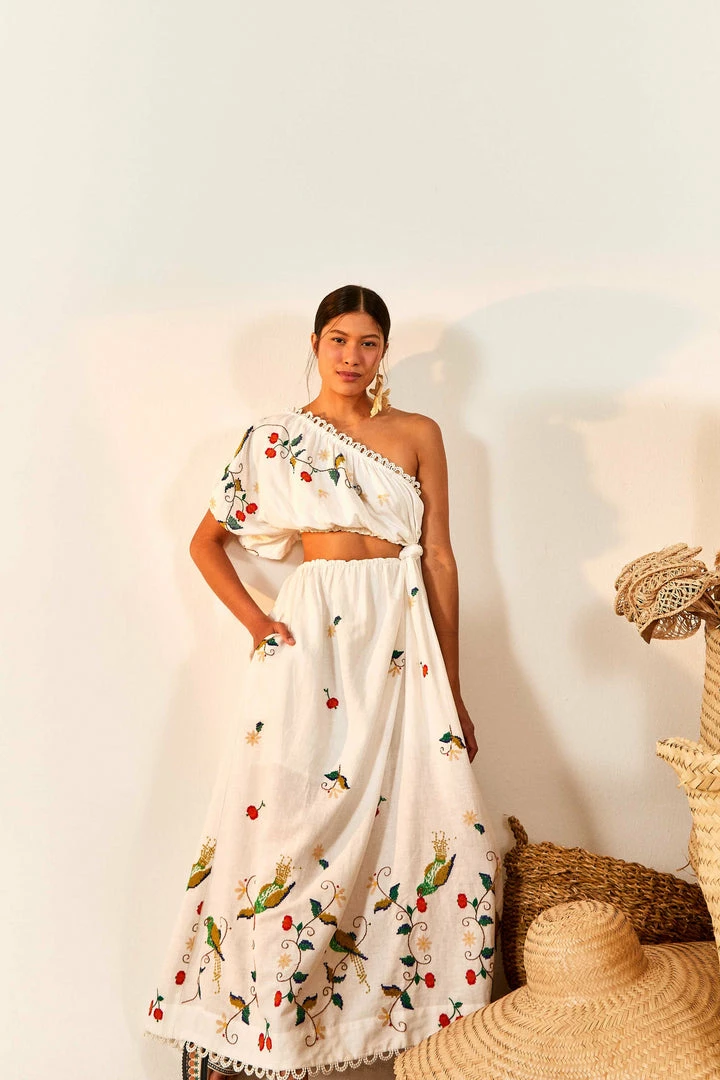 FARM RIO Pitanga Embroidered One-Shoulder Maxi Dress