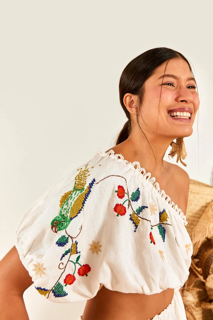 FARM RIO Pitanga Embroidered One-Shoulder Maxi Dress