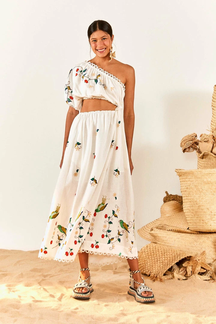 FARM RIO Pitanga Embroidered One-Shoulder Maxi Dress