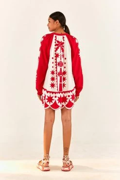 FARM RIO Red Tropical Cutwork Mini Dress