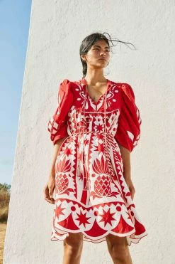 FARM RIO New In Red Tropical Cutwork Midi Dress