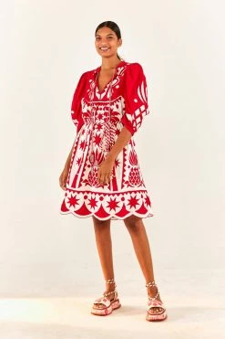 FARM RIO New In Red Tropical Cutwork Midi Dress