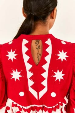 FARM RIO New In Red Tropical Cutwork Midi Dress