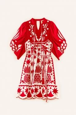 FARM RIO New In Red Tropical Cutwork Midi Dress