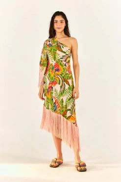 FARM RIO Macaw Leaves One-Shoulder Midi Dress