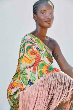 FARM RIO Macaw Leaves One-Shoulder Midi Dress