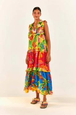 FARM RIO Mixed Prints Tiered Maxi Dress